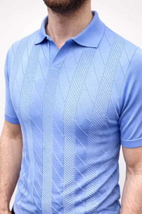 YAKE STORE Erkek Yazlık Triko Dokuma Tişört Kısa Kol Polo Yaka T-Shirt - Bebek Mavisi - Bebek Mavisi