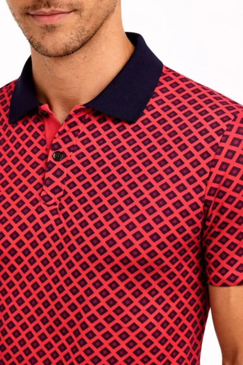 YAKE STORE Erkek Pike Kumaş Polo Yaka Desenli Tişört Kısa Kol Yazlık T-Shirt - Kırmızı - Kırmızı