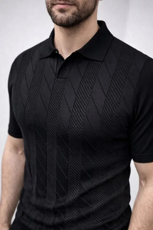 YAKE STORE Erkek Yazlık Triko Dokuma Tişört Kısa Kol Polo Yaka T-Shirt - Siyah - Siyah