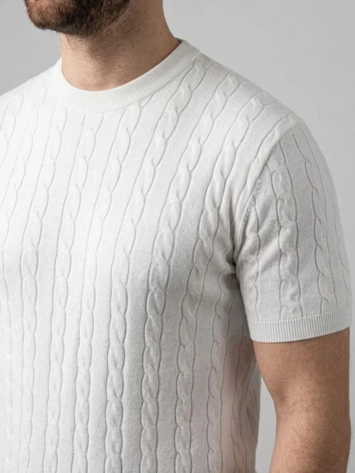 YAKE STORE Erkek Yazlık Triko Dokuma Tişört Kısa Kol Bisiklet Yaka Örgü Desenli T-Shirt - Beyaz - Beyaz