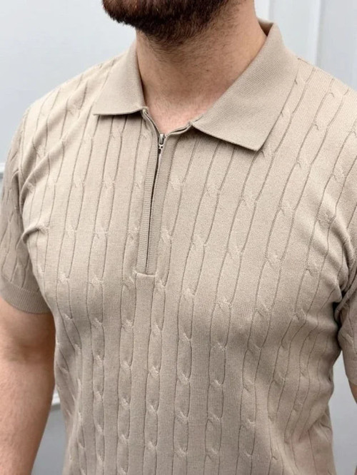 YAKE STORE Erkek Yazlık Triko Saç Örgü Tişört Kısa Kol Polo Yaka Fermuarlı T-Shirt - Bej - Bej