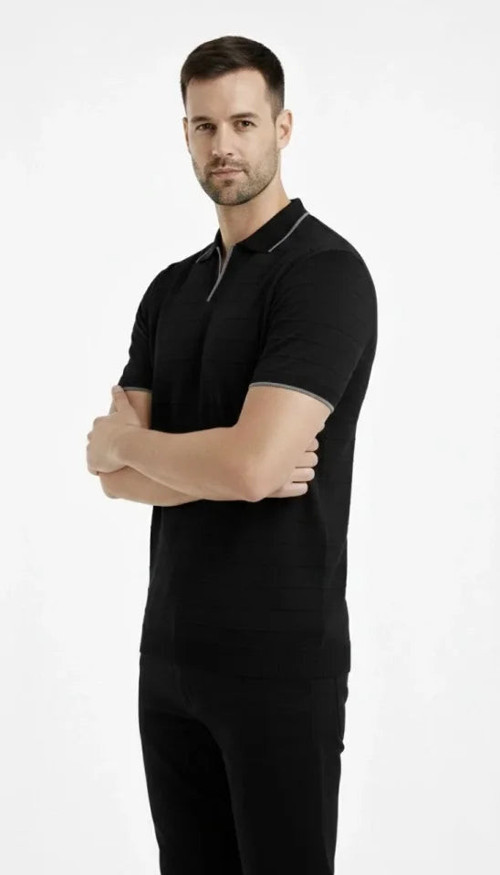 YAKE STORE Erkek Triko Kumaş Yakalı Düğmesiz Açık Yaka Fitilli Kısa Kollu Regular Fit Tişört T-shirt - Siyah - Siyah