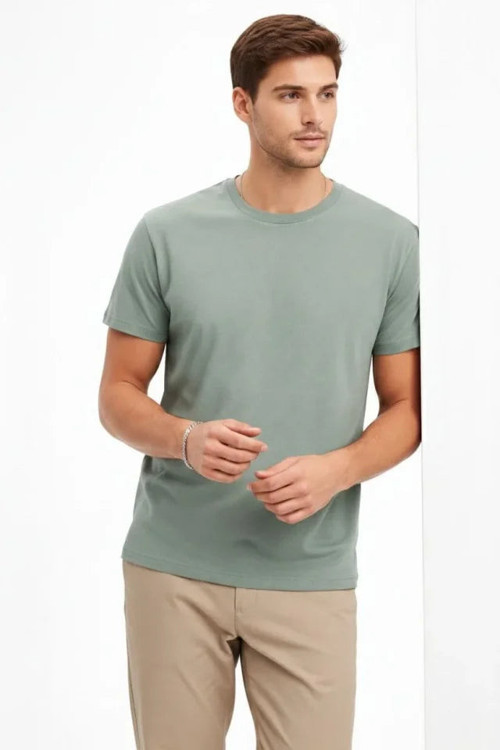 YAKE STORE Erkek Bisiklet Yaka Tişört Regular Kalıp Basic Pamuklu Günlük Kullanım T-shirt - Mint Yeşili - Mint Yeşili