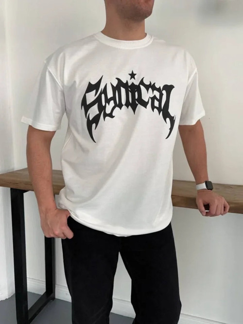 YAKE STORE Erkek Bisiklet Yaka Ön Baskılı Kısa Kollu Tişört Streetwear Günlük Basic Pamuklu T-shirt - Beyaz - Beyaz
