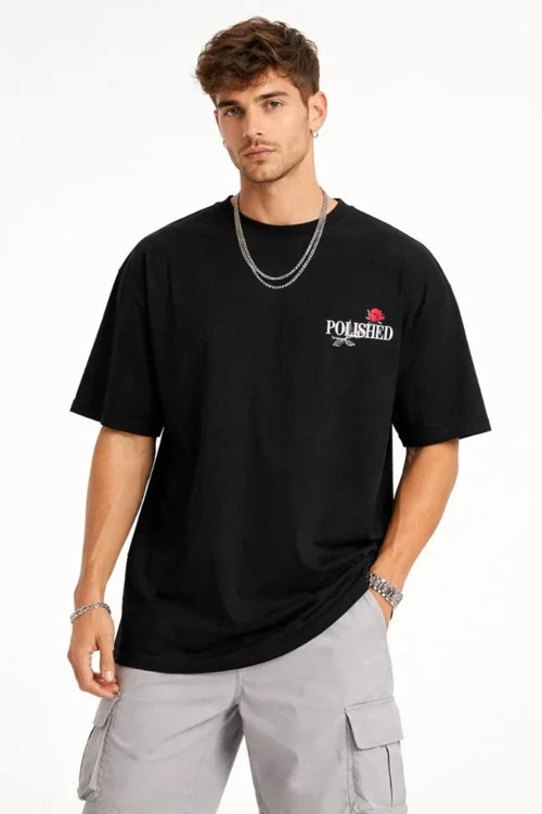 YAKE STORE Erkek Bisiklet Yaka Baskılı Kısa Kollu Tişört Streetwear Günlük Basic Pamuklu T-shirt - Siyah - Siyah