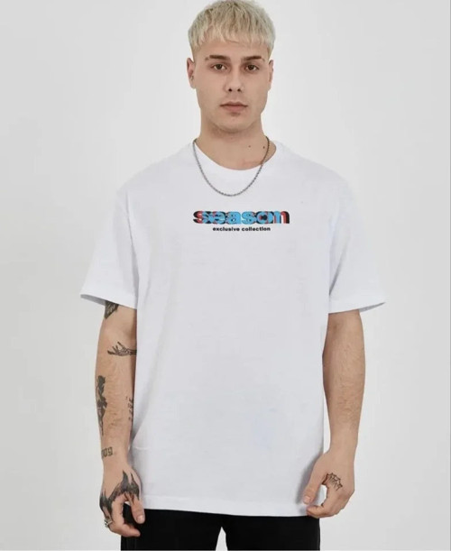 YAKE STORE Unisex Bisiklet Yaka Baskılı Oversize T-Shirt - Beyaz - Beyaz
