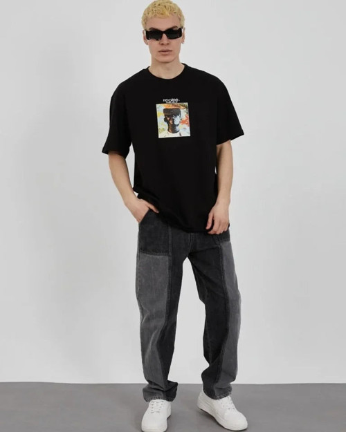 YAKE STORE Unisex Bisiklet Yaka Baskılı Oversize T-Shirt - Siyah - Siyah