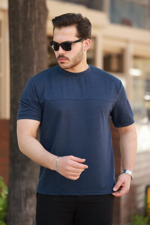 YAKE STORE Erkek Oversize Bisiklet Yaka Kısa Kollu T-shirt - Lacivert