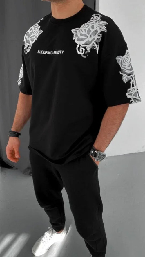 YAKE STORE Unisex Flok Kabartma Baskılı T-Shirt - Siyah - Siyah