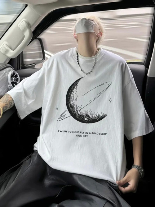 YAKE STORE Baskılı Oversize Bisiklet Yaka T-shirt - Beyaz - Beyaz