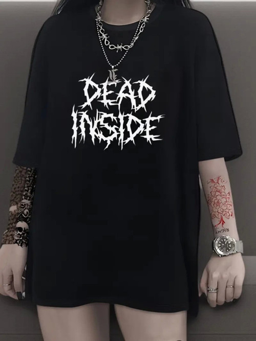 YAKE STORE Baskılı Oversize Bisiklet Yaka T-shirt - Siyah - Siyah