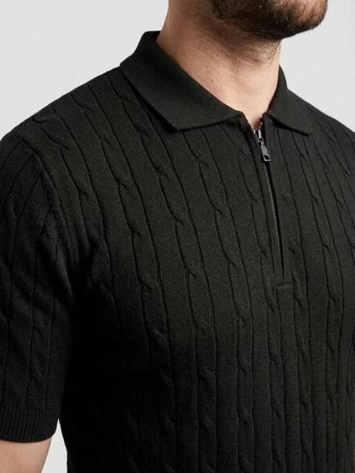 YAKE STORE Erkek Yazlık Triko Saç Örgü Tişört Kısa Kol Polo Yaka Fermuarlı T-Shirt - Siyah - Bej