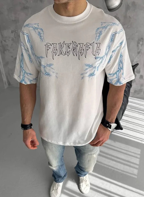 YAKE STORE Unisex Bisiklet Yaka Baskılı Oversize T-Shirt - Beyaz - Beyaz