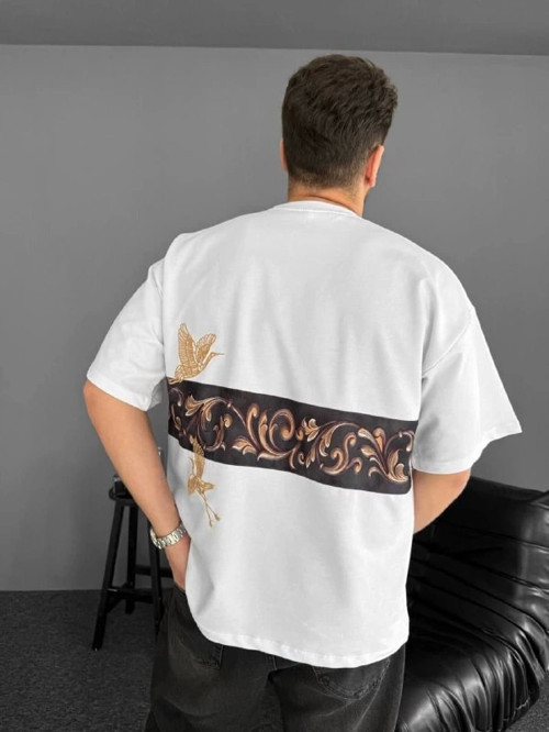 YAKE STORE Ön Ve Arka Baskılı Oversize Bisiklet Yaka T-shirt - Beyaz - Beyaz