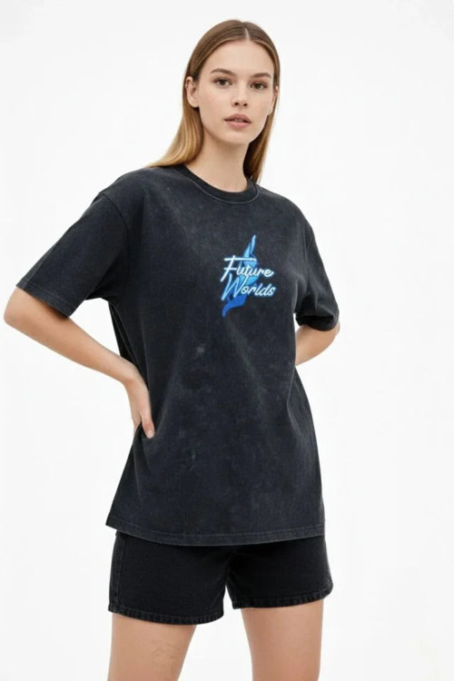 YAKE STORE Asit Yıkamalı Oversize Tişört Future Worlds Baskılı Bisiklet Yaka Kısa Kollu Streetwear %100 Pamuk Street Style T-Shirt - Siyah - Siyah