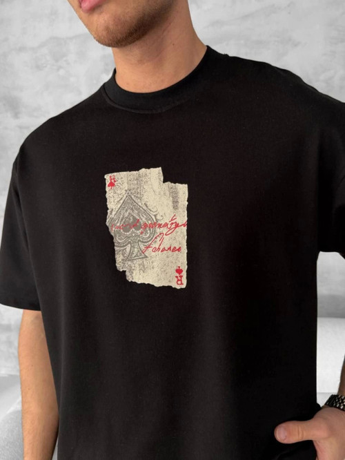 YAKE STORE Ön Ve Arka Baskılı Oversize Bisiklet Yaka T-shirt - Siyah - Siyah