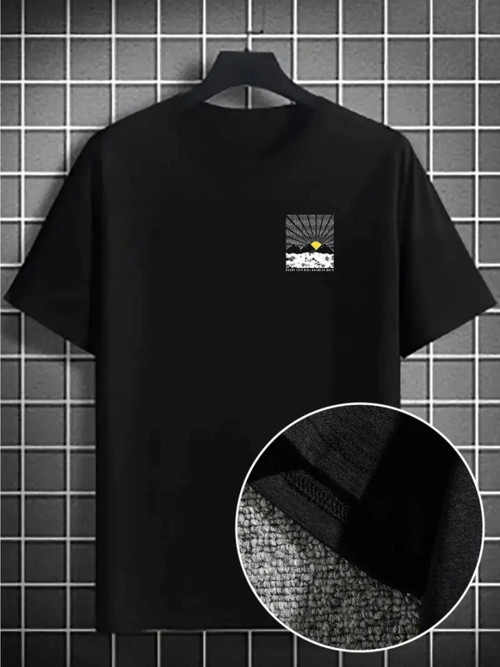 YAKE STORE Erkek Dağ Grafikli Tişört, Yaz Için Büyük Beden Rahat T-shirt - Siyah - Siyah