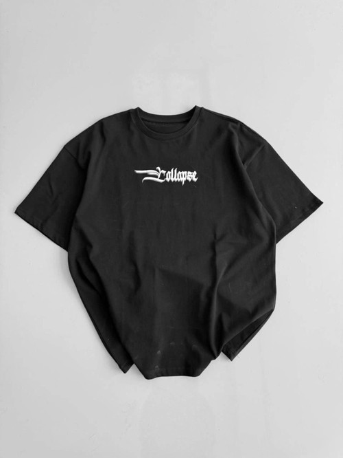 YAKE STORE Baskılı Oversize Bisiklet Yaka T-shirt - Siyah - Siyah