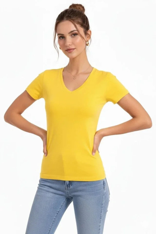 YAKE STORE T-Shirt V Yaka Slim Fit Likralı Tişört Günlük Basic Body - Sarı - Sarı