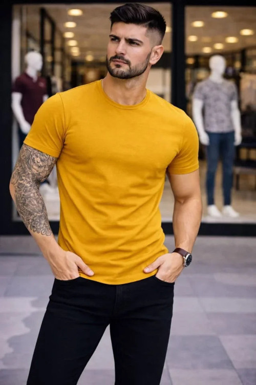 YAKE STORE Erkek T-Shirt Bisiklet Yaka Slim Fit Dar Kesim Likralı Tişört Günlük Basic Body - Limon - Limon
