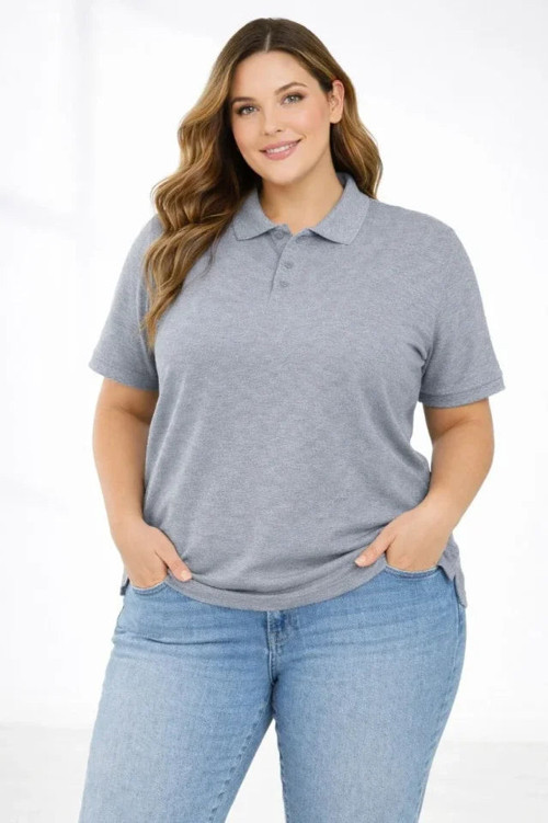 YAKE STORE Pike Kumaş Düğmeli Yaka Battal Büyük Beden Günlük Kısa Kol Tişört T-shirt - Gri - Gri
