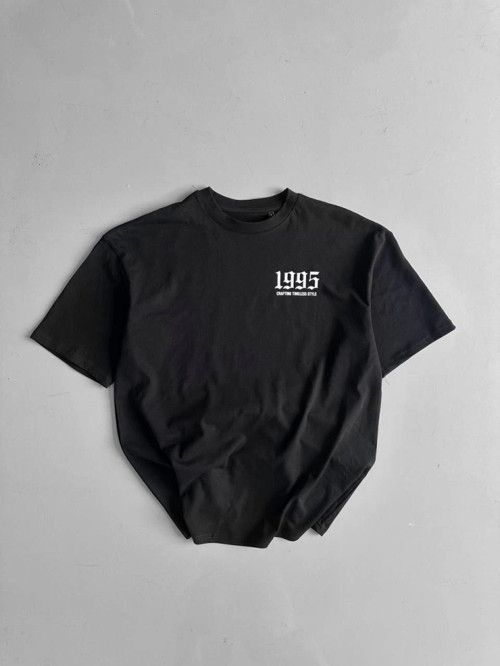 YAKE STORE Baskılı Oversize Bisiklet Yaka T-shirt - Siyah - Siyah