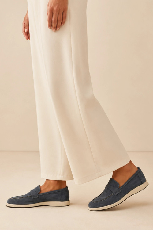 Suede Hakiki Deri Mavi Süet Loafer