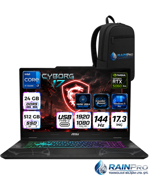 Cyborg 17 Intel Core i7-13620H 24 GB DDR5 512 GB SSD 8GB/RTX5060 17.3" FHD 144Hz Windows 11 Pro Gaming Laptop Oyuncu