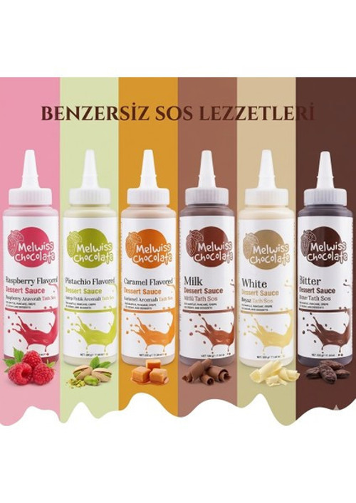 Melwiss 6'lı Bitter-Sütlü Çikolata-Beyaz Çikolata- Frambuaz Sos-Karamel-Antep Fıstıklı Sos Paketi