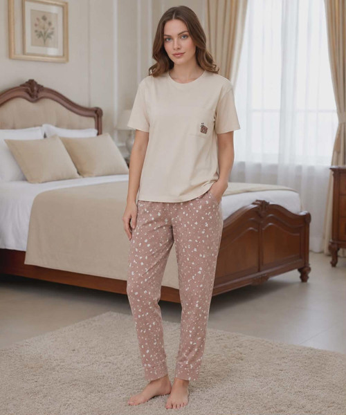 Kadın Compakt Penye Bisiklet Yaka Kısa Kol İnce Pijama Takımı 90791K - 1 Adet