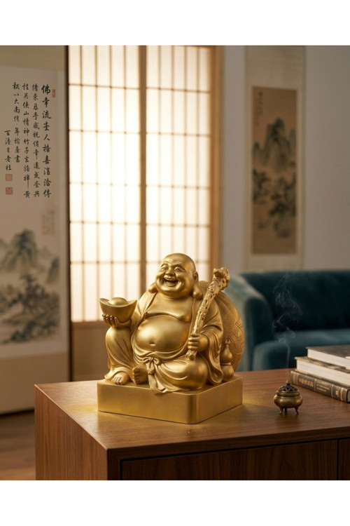 Feng Shui Altın Gülen Buddha Heykeli – Şans, Zenginlik ve Pozitif Enerji Dekoru