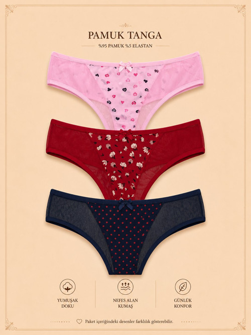 Intive Comfort Desenli Transparan Detaylı Lacivert/Pembe/Kırmızı 3'lü Tanga/Brazilian Set