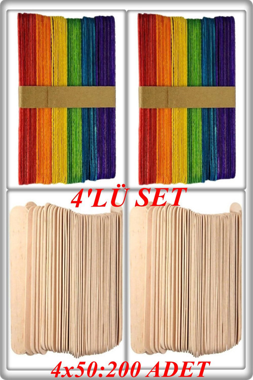 Abeslang Dil Basma Çubuğu - Ağda Spatulası Seti 50'Li 4 Paket Renkli 100 Ad+Sade 100 Ad (200 Adet)