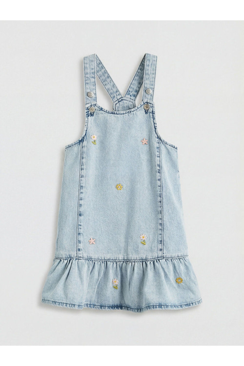 Meral Collection İndigo Kare Yaka Çiçek Nakışlı Kız Çocuk Jean Salopet Elbise