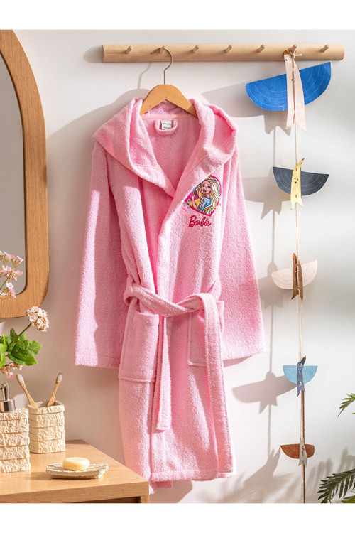 Pembe Barbie Nakışlı Kız Çocuk Bornoz