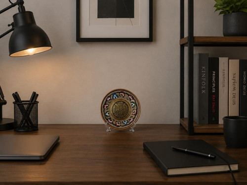 Bereket Duası Bakır Mineli Standlı Dekoratif Tabak 12.5 CM – Premium El İşçiliği Lüks Masaüstü Ofis ve Vitrin Dekoru