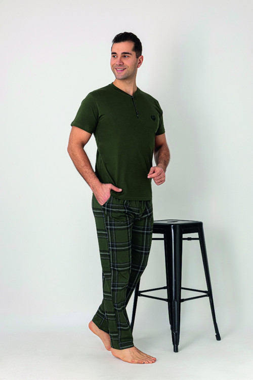 Erkek Kareli Alt Desenli Haki Kısa Kollu Patlı Penye Pijama Takımı