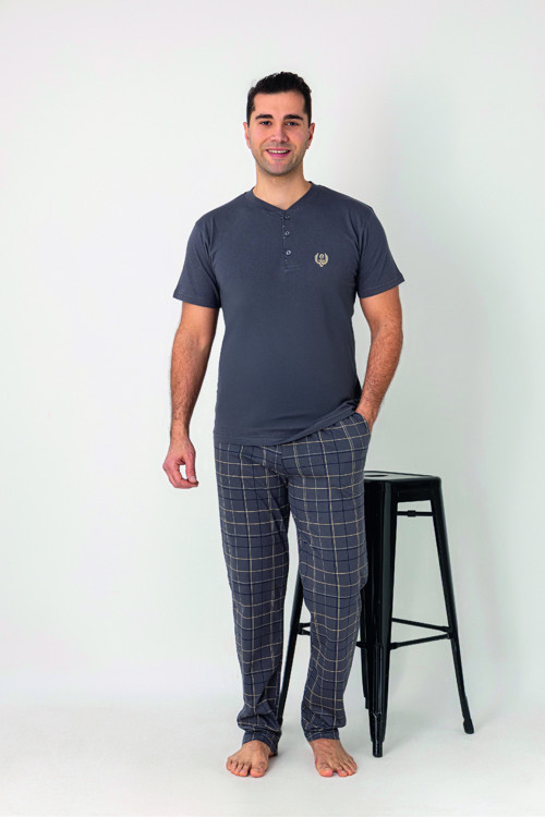 Erkek Kareli Alt Desenli Gri Kısa Kollu Patlı Penye Pijama Takımı