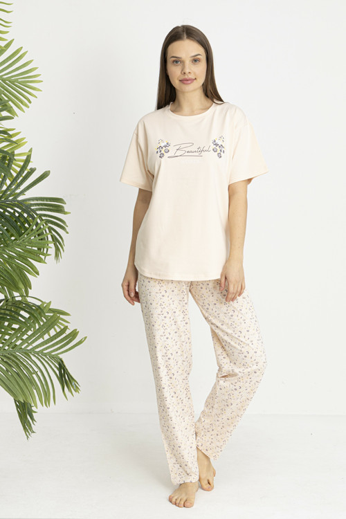 Kadın Flora Alt Desenli Somon Penye Lycra Kısa Kollu Pijama Takımı