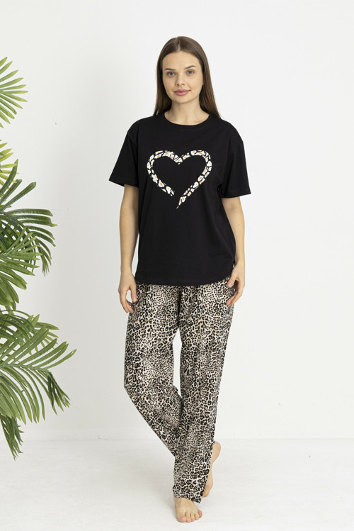 Kadın Kaplan Alt Desenli Siyah Penye Lycra Kısa Kollu Pijama Takımı