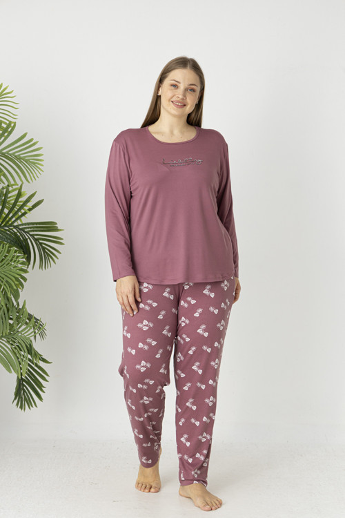 Kadın Yaprak Alt Desenli Soft Uzun Kollu Battal Pijama Takımı