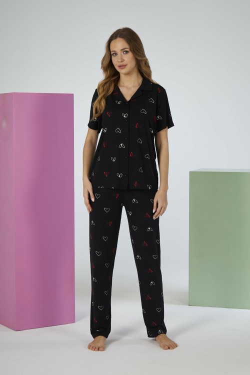 Kadın Kalp Desenli Siyah Kısa Kollu Önden Düğmeli Soft Pijama Takımı
