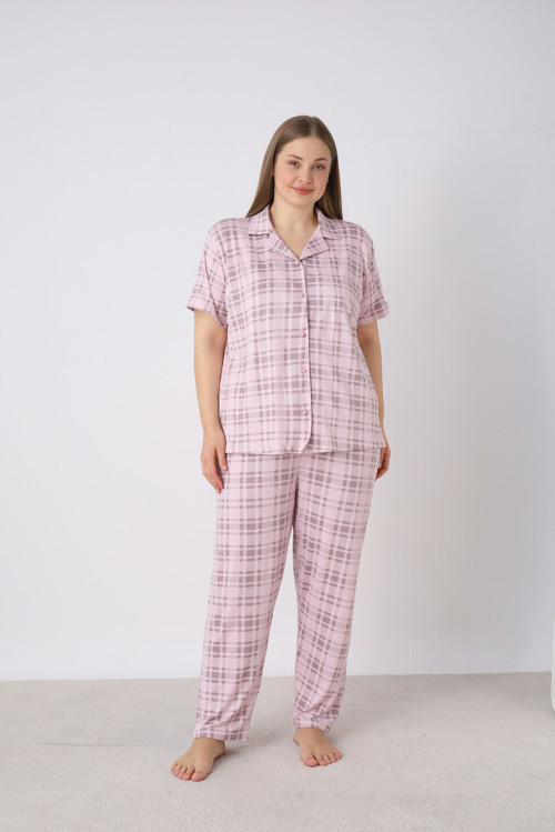 Kadın Kareli Pembe Kısa Kollu Önden Düğmeli Soft Battal Pijama Takımı