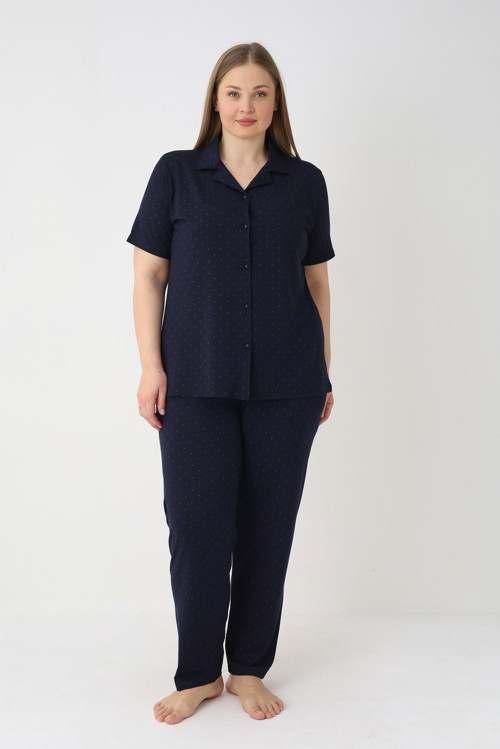 Kadın Lacivert Kısa Kollu Önden Düğmeli Soft Battal Pijama Takımı