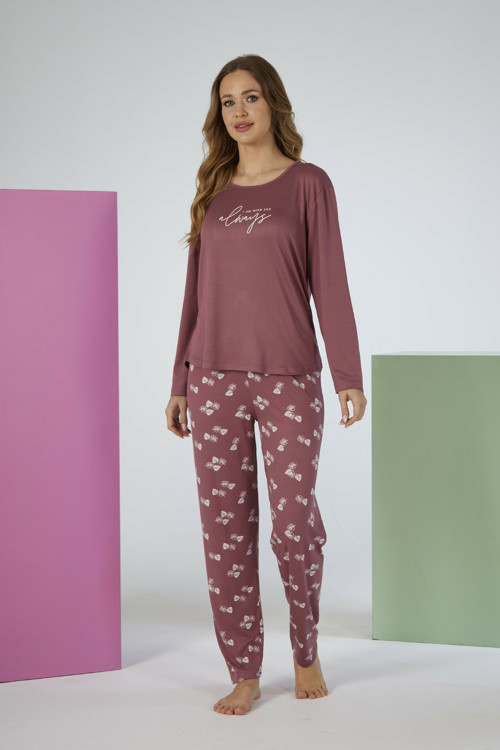 Kadın Yaprak Alt Desenli Soft Uzun Kollu Pijama Takımı