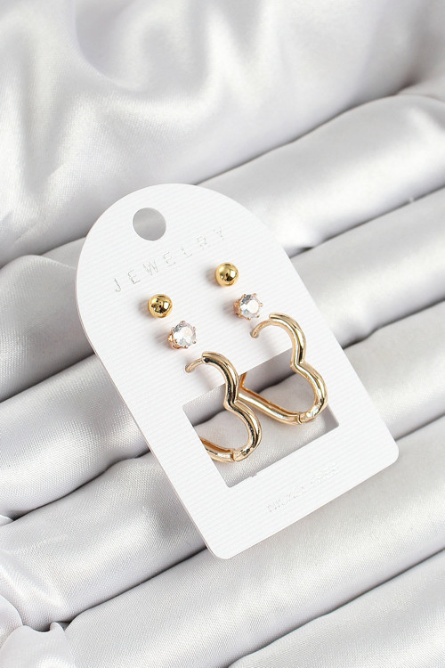 Pirinç Zirkon Taş Ve Kalp Figürlü Gold Renk 3'lü Çift Kadın Küpe Set TJ-BKP10650