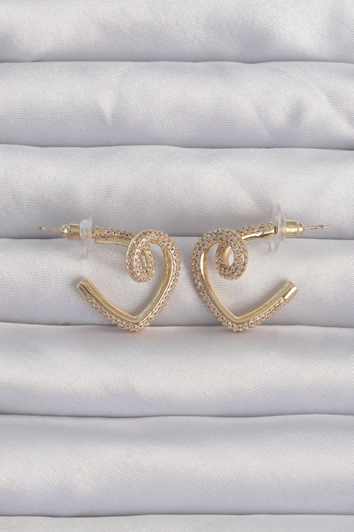 Pirinç Gold Renk Zirkon Taşlı Kıvrımlı Yarım Kalp Küpe TJ-BKP9279