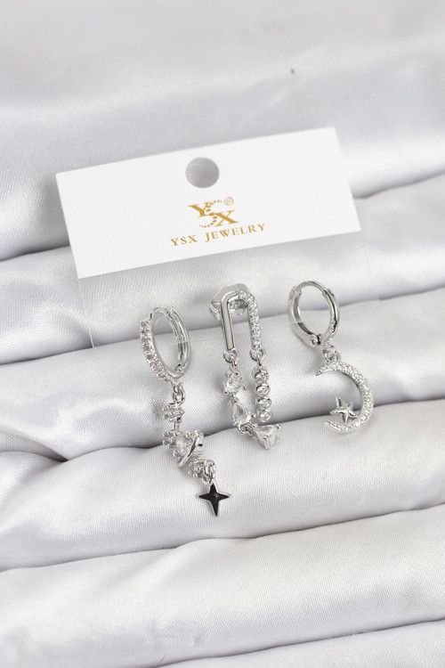 Pirinç Gümüş Renk Zirkon Taşlı Uzay Model YSX Trio Küpe Seti TJ-BKP11569