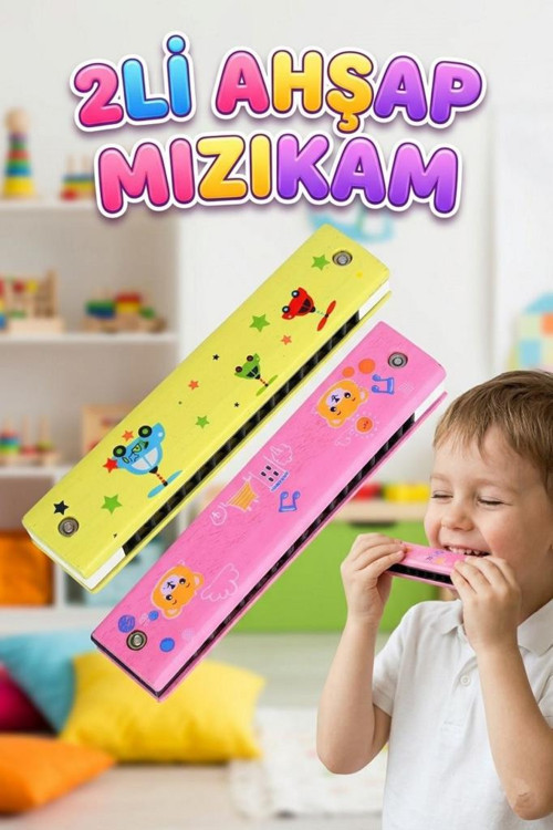 2'li Ahşap Çocuk Mızıka Seti! 16 Delikli 12cm Renkli Eğitici Ahşap Oyuncak Müzik Aleti Mızıka