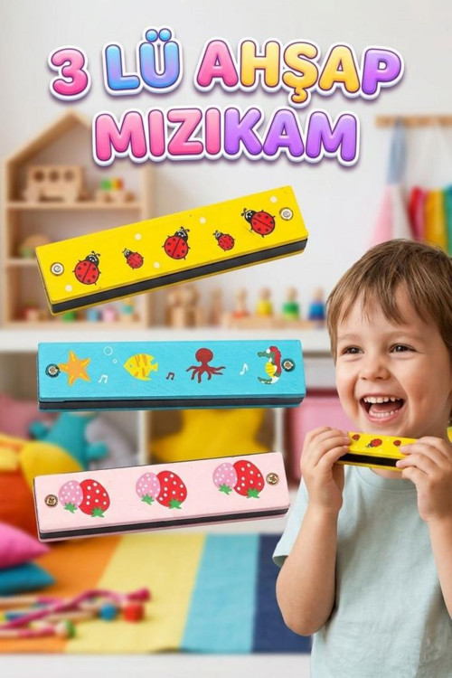 3'lü Ahşap Çocuk Mızıka Seti! 16 Delikli 12cm Renkli Eğitici Ahşap Oyuncak Müzik Aleti Mızıka